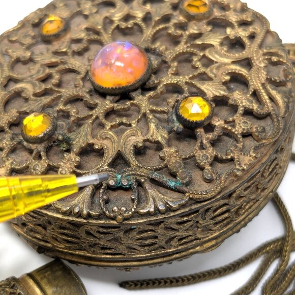 SOLD Antique Victorian Chatelaine Cosmetic Bag Frame Gold Tone Filigree - Picture 16 of 16